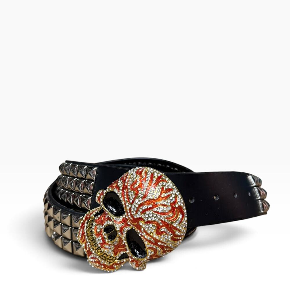 Men's Belt Skull Buckle Rhinestones Black Silver Studded Punk Goth Whimsy Sz 40